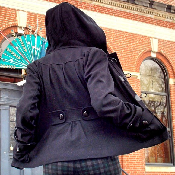 Guess Jackets & Blazers - Guess Pea Coat Black Hood Zip Buttons Wool Warm